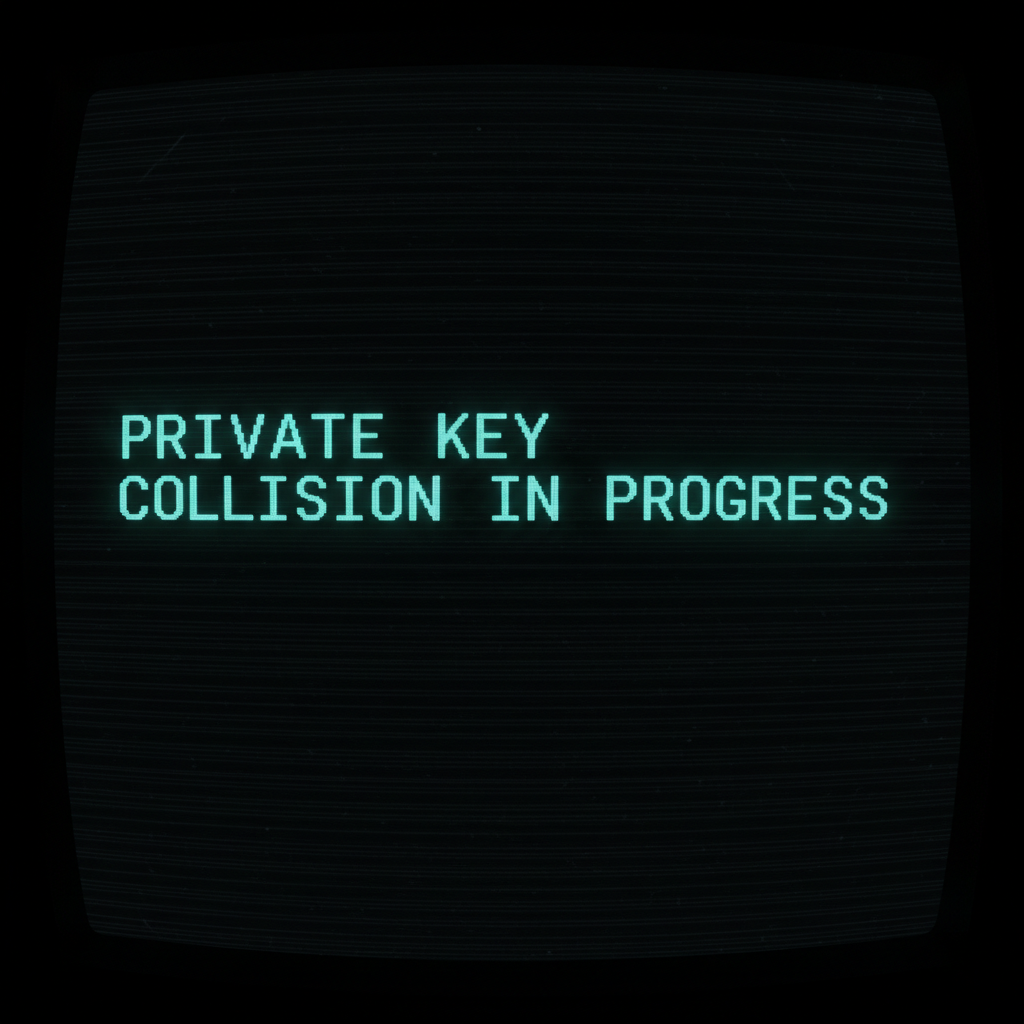 full screen view of monochrome green phosphor CRT terminal display, command line interface filling entire frame, heavy scanlines across black background, authentic 1970s computer terminal readout, VT100 style, green text on black, phosphor glow, screen curvature at edges, "PRIVATE KEY COLLISION IN PROGRESS", glowing monochrome text on deep black background, front-facing terminal screen filling frame, cold blue-green phosphor glow, stark and silent atmosphere [Nano Banana]