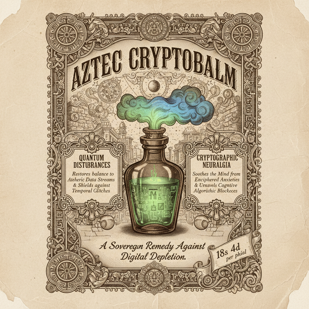 Victorian patent medicine advertisement, ornate decorative border with scrollwork and Aztec-inspired motifs, bold Victorian serif typography headline reading "AZTEC CRYPTOBALM", elegant dark glass medicine phial with glowing green liquid and cryptic glyphs, mysterious emanations rising from the bottle, aged sepia paper texture with halftone dot printing effect, subtitle "A Sovereign Remedy Against Digital Depletion" in engraved-style script, decorative bordered panels containing claims about quantum disturbances and cryptographic neuralgia, price "18s 4d per phial" in a ribboned cartouche at lower right, Victorian commercial aesthetic with embellished flourishes and scientific mystique, 1890s design style [Nano Banana]