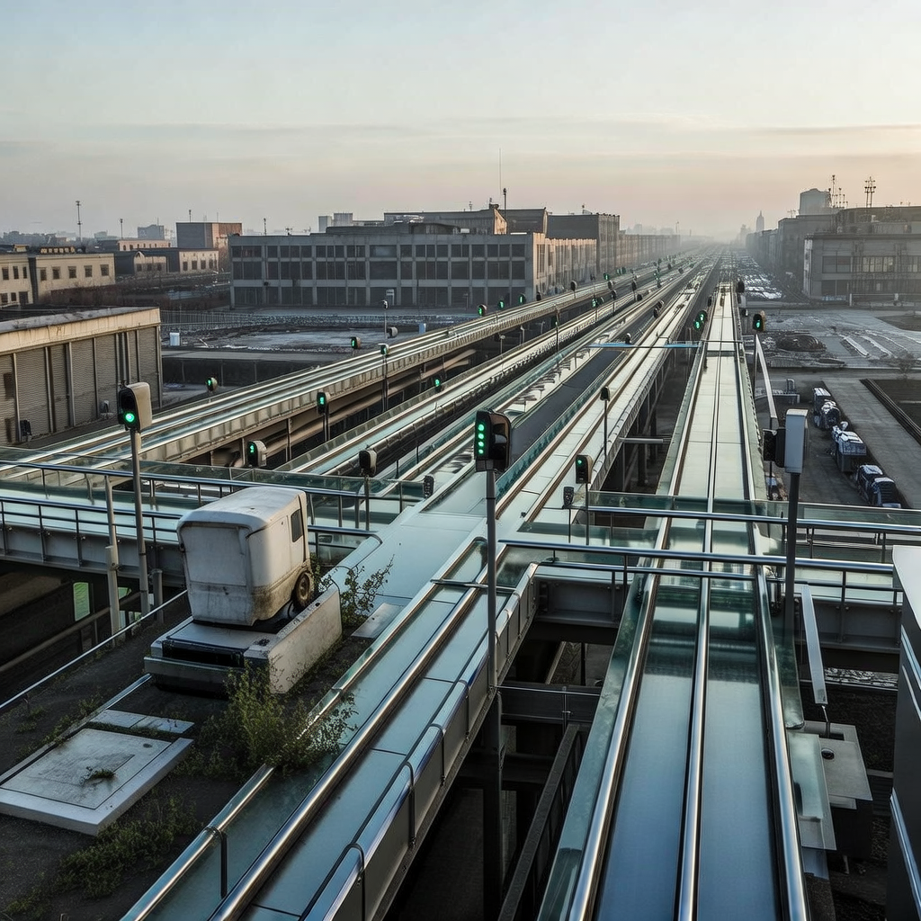 industrial scale photography, clean documentary style, infrastructure photography, muted industrial palette, systematic perspective, elevated vantage point, engineering photography, operational facilities, A sprawling grid of elevated electric cart lanes stretching into the hazy distance, their polished steel rails gleaming under cold dawn light, running in perfect parallel through a city of shuttered tenements and vacant plazas. Solar-powered traffic signals blink green to no one. The smooth, glass-reinforced tracks, still immaculate from automated maintenance, reflect the pale sky like frozen rivers. A single cart, its plastic shell faded and cracked, rests motionless at a junction, overgrown slightly with weeds sprouting from a control box. The air carries a faint sheen of ozone, and the silence is palpable—no footsteps, no voices, only the low hum of dormant infrastructure waiting for a population that will not come. [Bria Fibo]