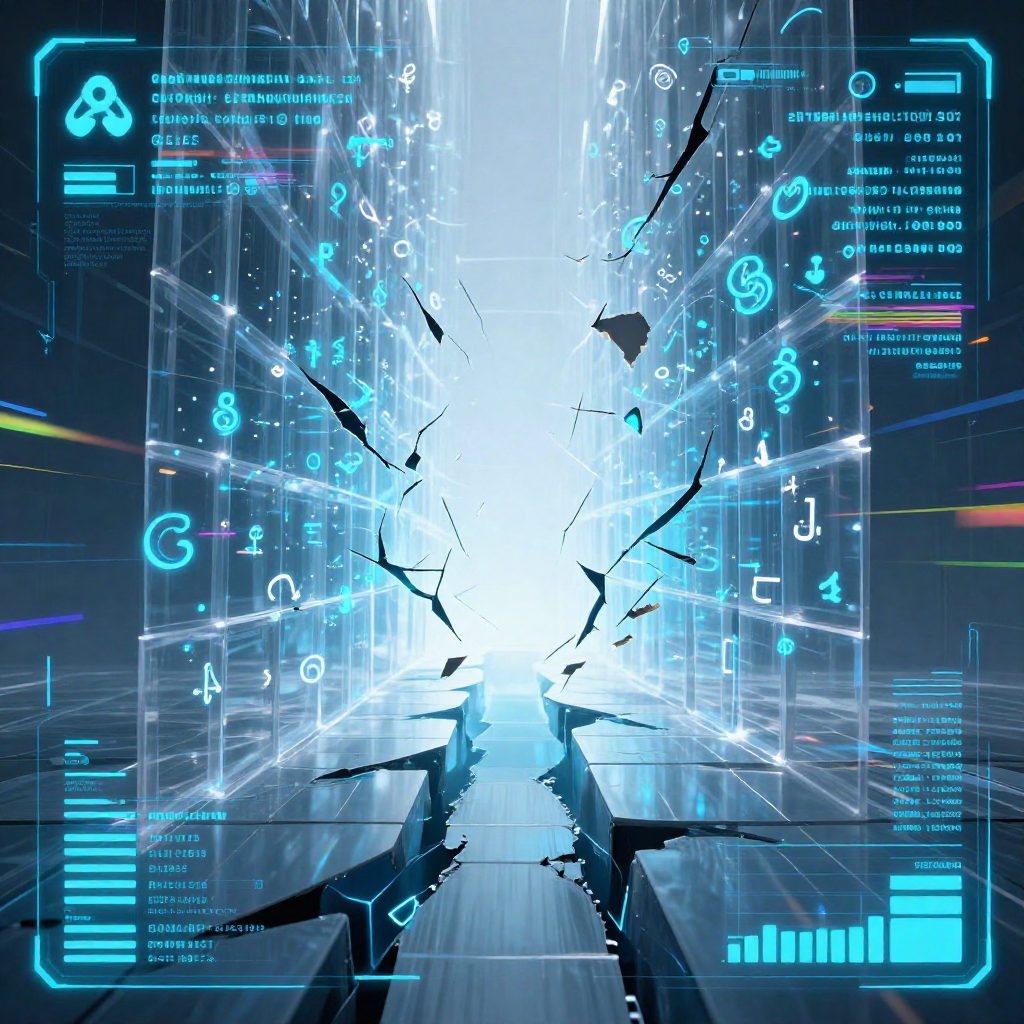 first-person view through futuristic HUD interface filling entire screen, transparent holographic overlays, neon blue UI elements, sci-fi heads-up display, digital glitch artifacts, RGB chromatic aberration, data corruption visual effects, immersive POV interface aesthetic, A vast, translucent lattice of glowing mathematical symbols—resembling a frozen wall of encrypted logic—cracking down the center from an unseen force, seen through a sleek, minimalist HUD interface; the fractures pulse with cold blue light as corrupted symbols flake away like burnt paper; sharp data glyphs hover in the upper and lower corners of the frame, displaying decay metrics and quantum resistance thresholds; backlit from behind by a diffuse white glow that intensifies within the rift, casting hard shadows across the interface grid; atmosphere of silent, irreversible revelation. [Z-Image Turbo]
