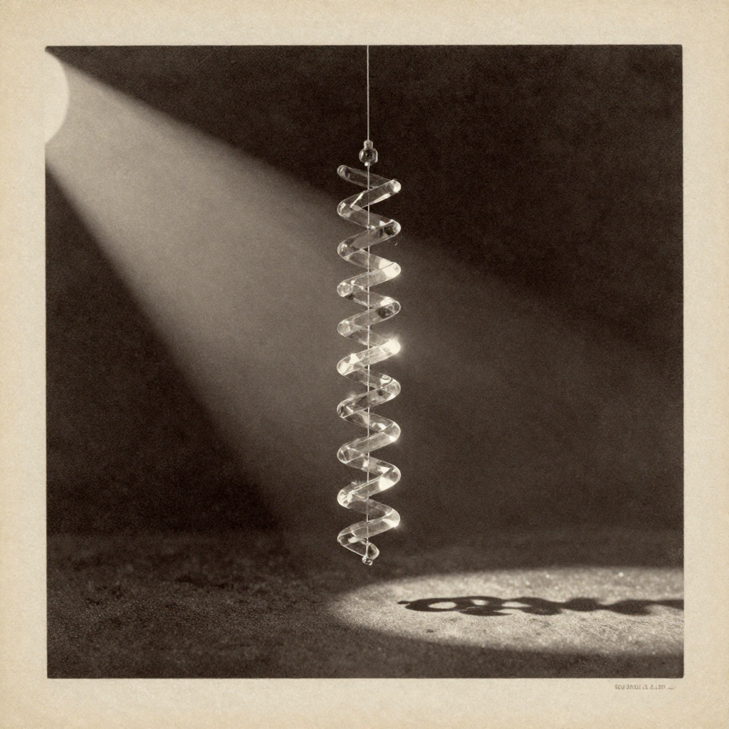 vintage Victorian newspaper photograph, sepia tone, aged paper texture, halftone dot printing, 1890s photojournalism, slight grain, archival quality, authentic period photography, a fragile glass helix suspended in a beam of split light, made of fused quartz and mirrored prisms, lit from the left with a sharp, narrow beam casting long shadows, in an atmosphere of silent revelation [Z-Image Turbo]