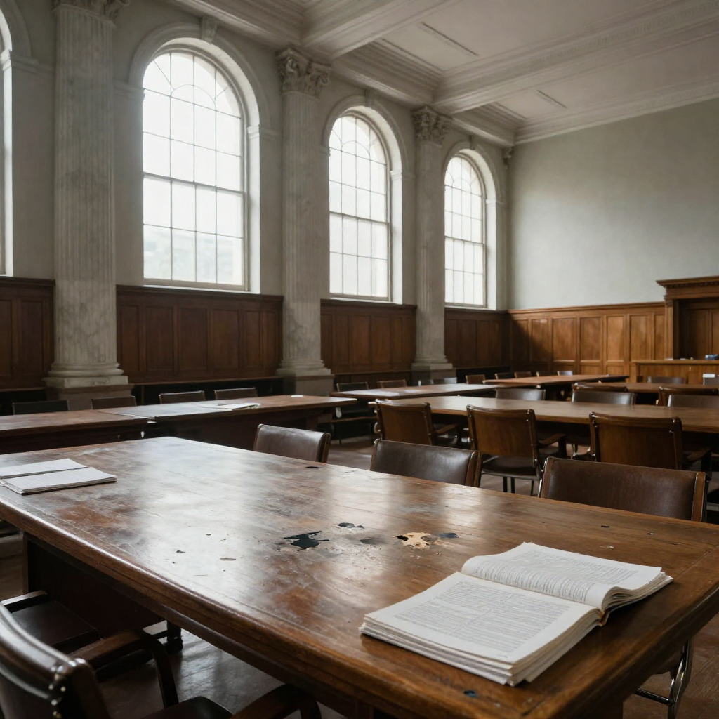 empty formal interior, natural lighting through tall windows, wood paneling, institutional architecture, sense of history and permanence, marble columns, high ceilings, formal furniture, muted palette, an empty mid-century committee chamber, long oak table scarred with ink stains and paper cuts, stacks of unbound financial reports fanned open under dust motes, natural light slicing through tall, arched windows at a low diagonal, atmosphere of suspended authority and quiet transition [Z-Image Turbo]