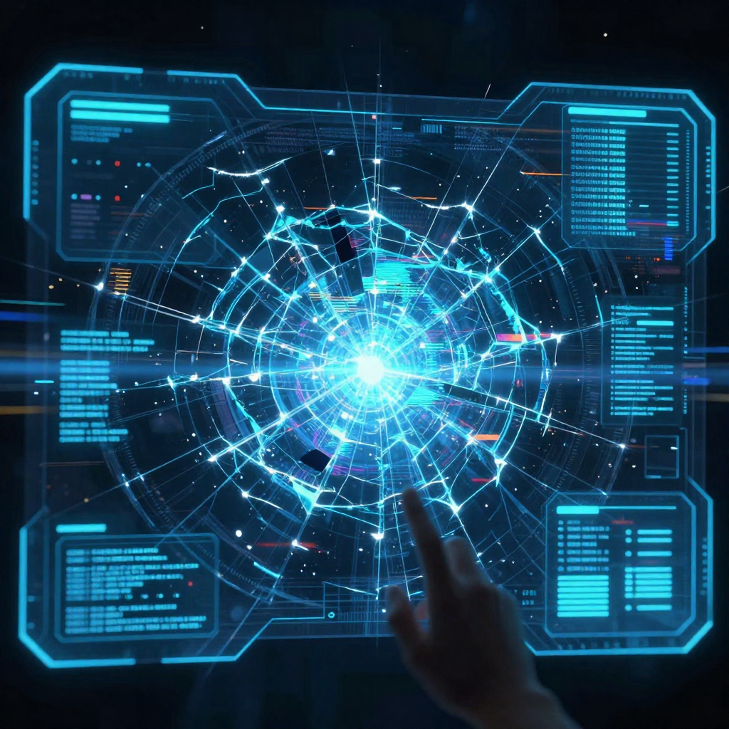 first-person view through futuristic HUD interface filling entire screen, transparent holographic overlays, neon blue UI elements, sci-fi heads-up display, digital glitch artifacts, RGB chromatic aberration, data corruption visual effects, immersive POV interface aesthetic, a fractured heads-up display with cracked glass texture and flickering edges, missing central data renderings and blank corner readouts, lit from behind by uneven pulses of blue light, atmosphere of silent technological failure [Z-Image Turbo]