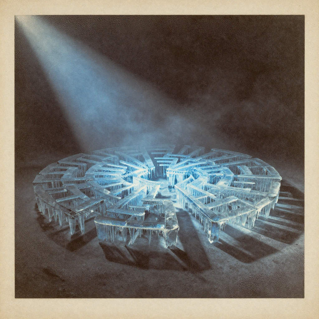 vintage Victorian newspaper photograph, sepia tone, aged paper texture, halftone dot printing, 1890s photojournalism, slight grain, archival quality, authentic period photography, a frozen labyrinth of interconnected glowing pathways etched in suspended ice crystals, some forming tight self-contained loops that pulse faintly, lit from the side by a sharp beam of cobalt-blue light casting long fragile shadows, suspended in a dark, near-absolute-zero void where condensation drifts like fog [Z-Image Turbo]