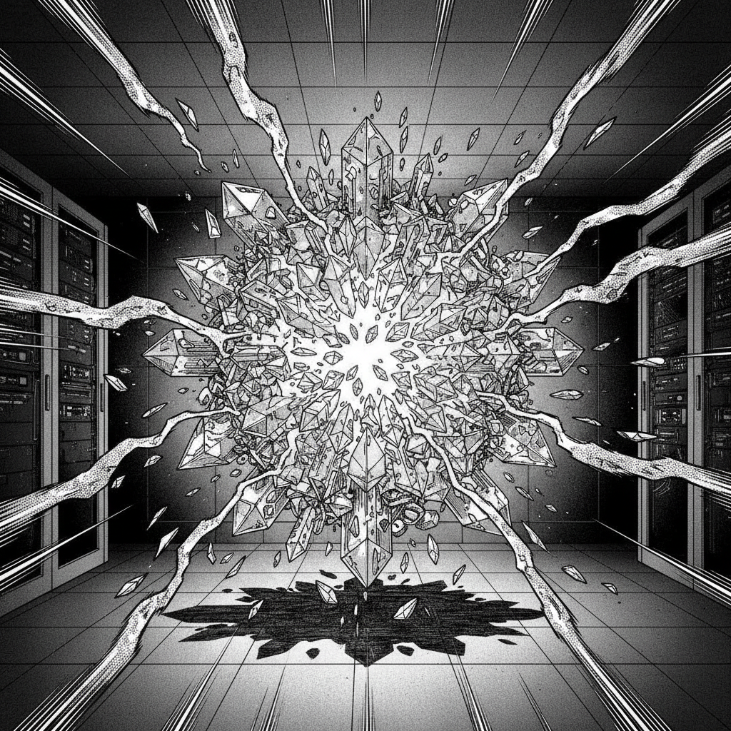 black and white manga panel, dramatic speed lines, Akira aesthetic, bold ink work, A complex, crystalline lattice structure representing cryptographic security floats in a sterile, dark server room, with glowing fracture lines and intrusive data streams actively shattering its form, dramatic directional lighting from the breaches casting sharp, fragmented shadows, conveying a tense atmosphere of silent, catastrophic failure. [fal-ai/nano-banana]