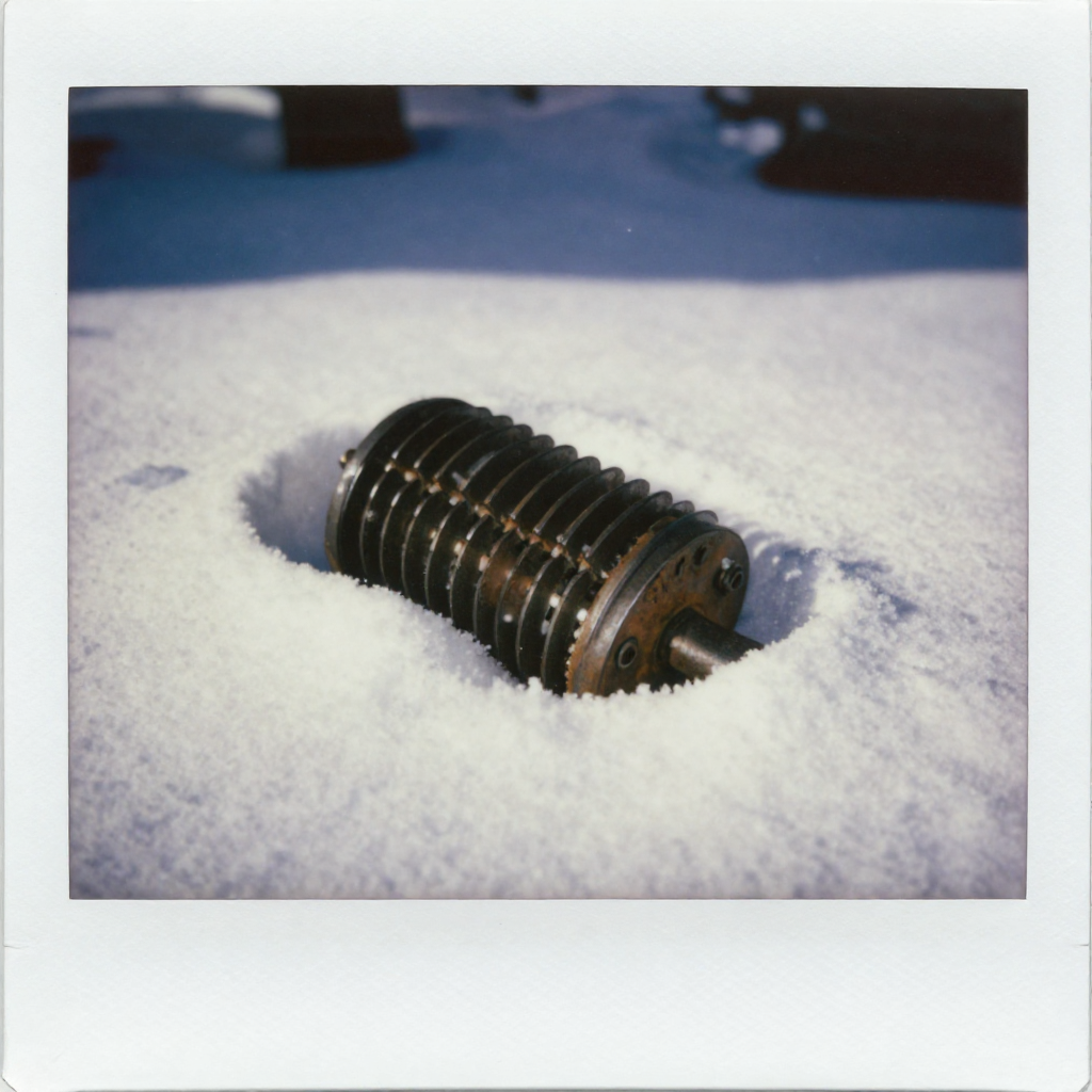 instant Polaroid photograph, vintage 1970s aesthetic, faded colors, white border frame, slightly overexposed, nostalgic lo-fi quality, amateur snapshot, a rusted Enigma rotor half-buried in fresh snow, its metal teeth stiff and aligned, sunlight from the side glinting off sharp edges, soft snowflakes still drifting down in the shallow depth of field [Z-Image Turbo]