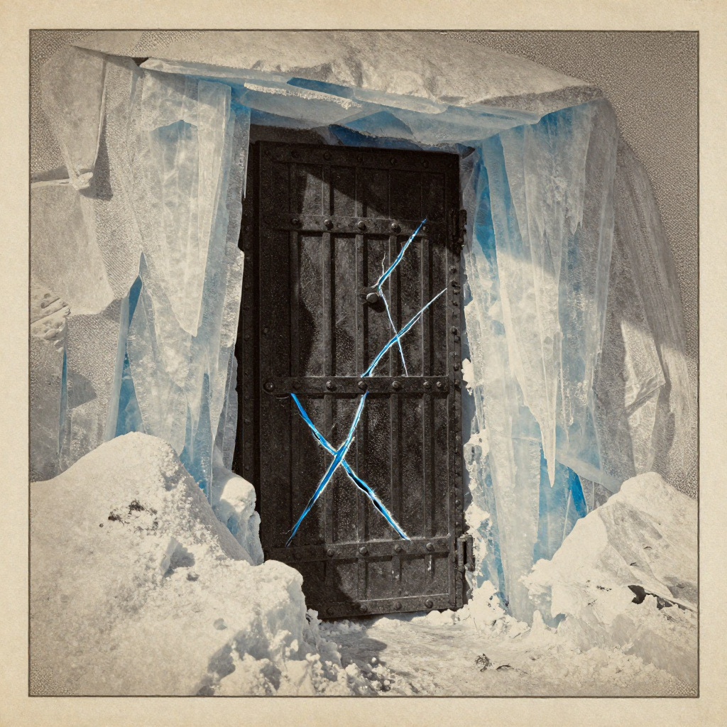vintage Victorian newspaper photograph, sepia tone, aged paper texture, halftone dot printing, 1890s photojournalism, slight grain, archival quality, authentic period photography, a colossal ice-locked ledger door, forged of black iron and veined with glowing blue fissures, half-buried in glacial ice, lit from the side by a cold, raking beam that casts long cracks across its surface, atmosphere of silent urgency and encroaching thaw [Z-Image Turbo]