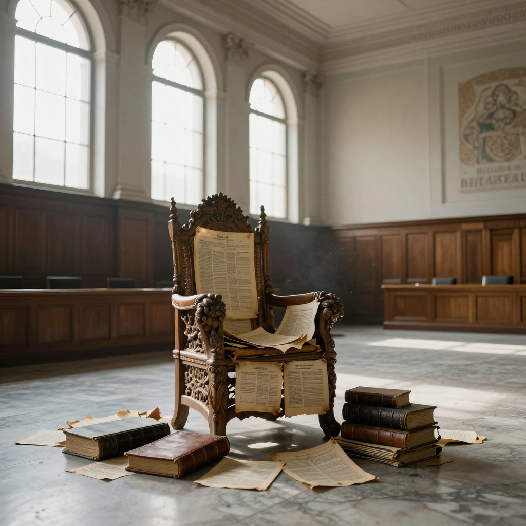 empty formal interior, natural lighting through tall windows, wood paneling, institutional architecture, sense of history and permanence, marble columns, high ceilings, formal furniture, muted palette, an overturned throne constructed from yellowed annual reports, cracked leather-bound ledgers, and brittle stock certificates, frayed edges catching weak morning light filtering through tall, arched windows, dust motes swirling in the silence of a vast, empty boardroom with marble floors and faded insignia on the wall, atmosphere of quiet obsolescence and irreversible decline [Z-Image Turbo]