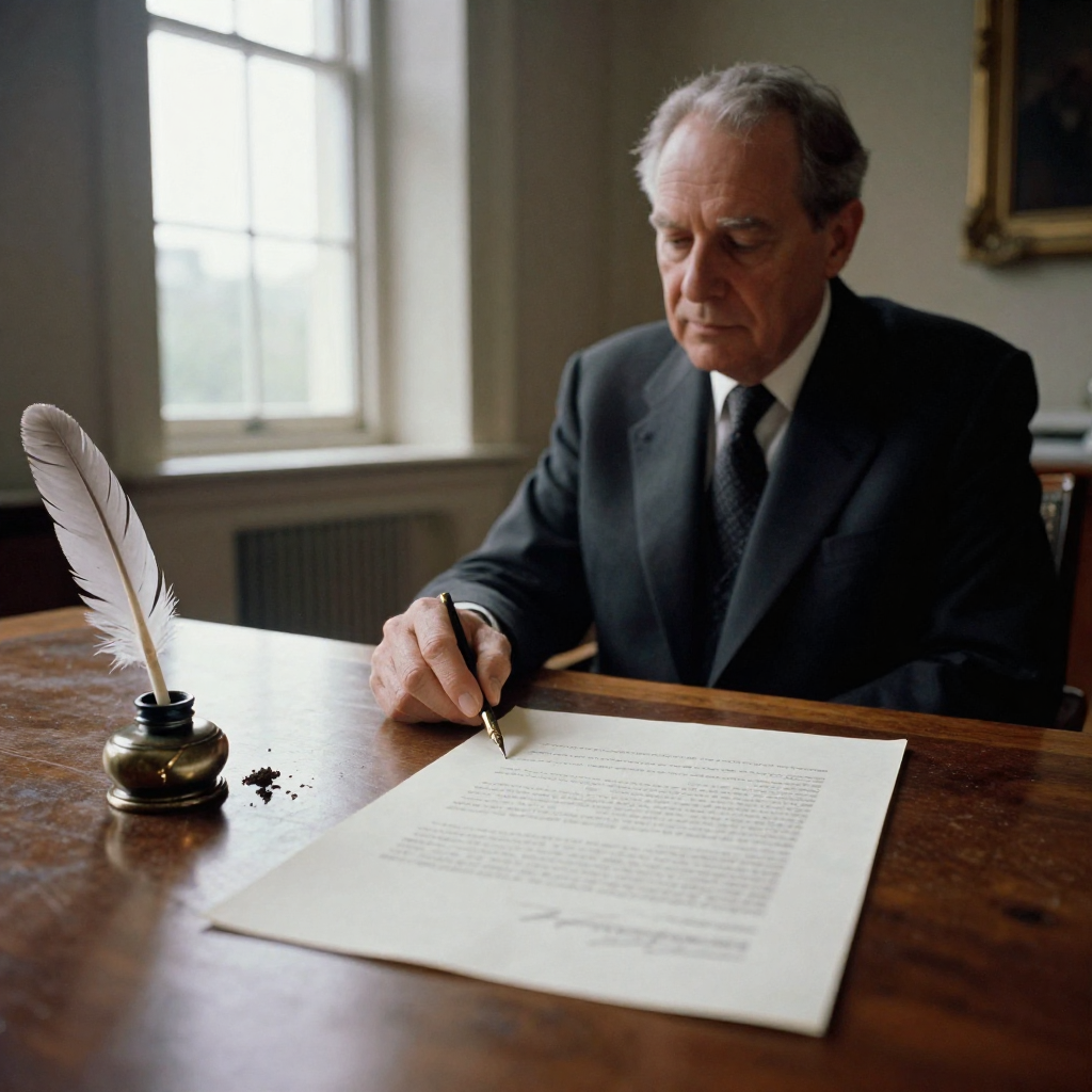 muted documentary photography, diplomatic setting, formal atmosphere, institutional gravitas, desaturated color palette, press photography style, 35mm film grain, natural lighting, professional photojournalism, a cracked quill resting on an unsigned treaty, bronze inkwell with dried residue, side lighting from a tall institutional window, muted ochre and slate tones, stillness heavy with consequence [Z-Image Turbo]