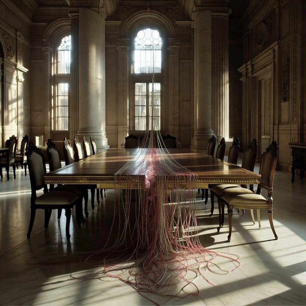 empty formal interior, natural lighting through tall windows, wood paneling, institutional architecture, sense of history and permanence, marble columns, high ceilings, formal furniture, muted palette, A massive gilded conference table in an opulent, empty boardroom, its polished surface fractured down the center with veins of rose quartz glowing faintly beneath; delicate silk threads, dyed in muted imperial red and pearl white, weave through the crack and drape to the marble floor like roots; morning light streams through tall, arched windows, casting long shadows of ornate chair silhouettes across the table; the air is still, thick with dust motes and the quiet tension of unspoken bargains. [Bria Fibo]