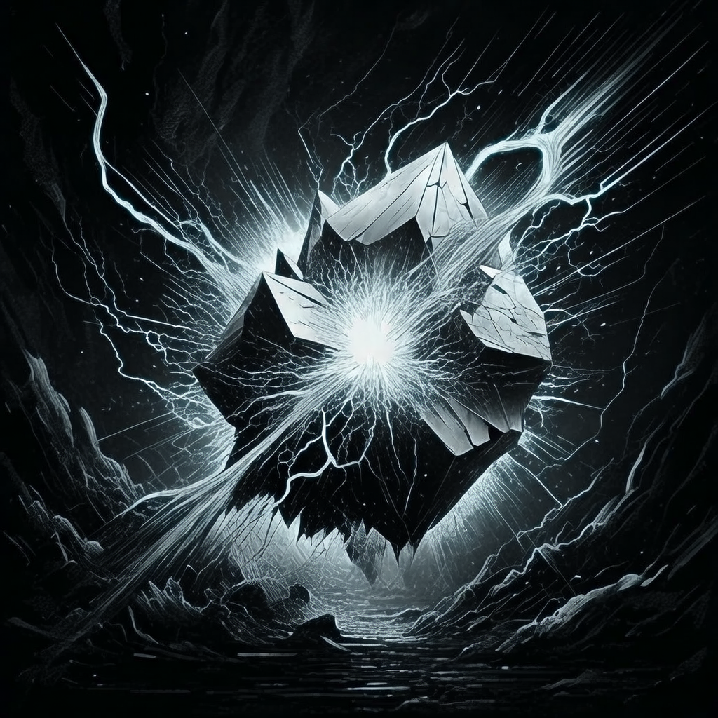 black and white manga panel, dramatic speed lines, Akira aesthetic, bold ink work, A jagged, iridescent crystal suspended in void, its fractured facets vibrating with inner light, silver-blue energy arcs erupting from its core and tearing outward like shockwaves, harsh backlight carving its edges into blinding silhouettes, the surrounding darkness trembling with unseen force. [Bria Fibo]