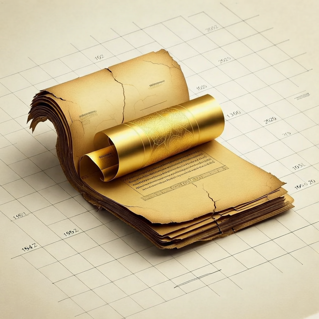 clean data visualization, flat 2D chart, muted academic palette, no 3D effects, evidence-based presentation, professional infographic, minimal decoration, clear axis labels, scholarly aesthetic, Fragile paper ledger, yellowed and cracked at the edges, spine splitting open to reveal gleaming gold leaf unfurling like a preserved scroll, resting on a flat grid-lined background with faint ink annotations of historical dates (1347, 1812, 1933, 2020), overhead diffuse lighting casting soft shadows, atmosphere of quiet revelation and archival gravity. [Bria Fibo]