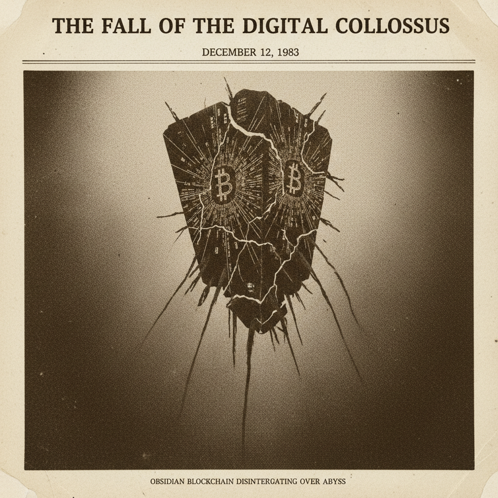 vintage Victorian newspaper photograph, sepia tone, aged paper texture, halftone dot printing, 1890s photojournalism, slight grain, archival quality, authentic period photography, A massive, fractured obsidian monolith representing the Bitcoin blockchain, its surface etched with glowing digital code, suspended precariously over a vast chasm. Jagged cracks spiderweb across its surface, emitting an unstable, pulsing light. Harsh, low-angle light from beneath the monolith casts long, distorted shadows, creating an atmosphere of imminent and irreversible collapse. [fal-ai/nano-banana]