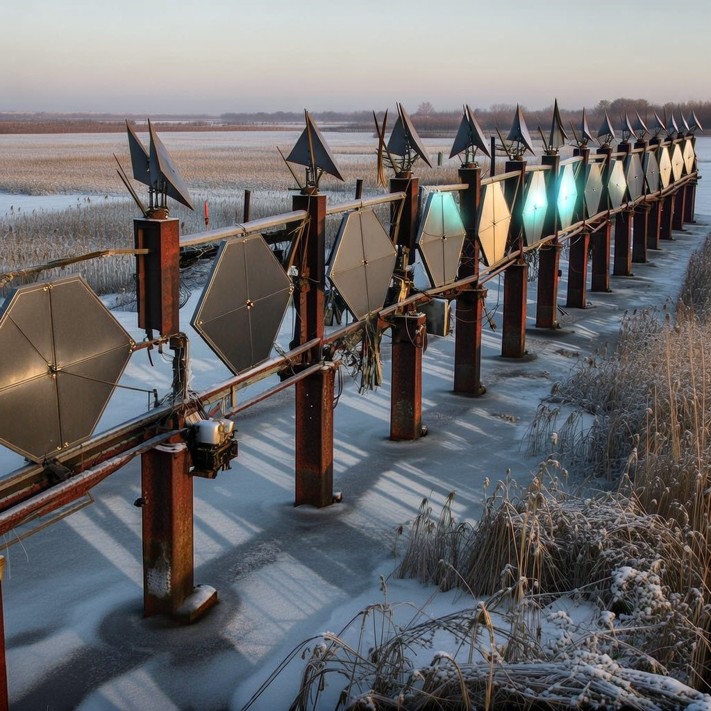 industrial scale photography, clean documentary style, infrastructure photography, muted industrial palette, systematic perspective, elevated vantage point, engineering photography, operational facilities, A fractured electromagnetic fence, composed of repeating hexagonal radar panels and angular jamming antennas mounted on rusted steel pylons, stretches endlessly across a frozen Baltic marsh at dawn. Sections of the structure glow with pulsing microwave distortion, while others lie dark and collapsed under ice, revealing exposed fiber bundles and burnt circuit housings. Cold, low-angled light slices from the east, casting long shadows of geometric precision across snow-dusted reeds. A tense stillness hangs in the air, broken only by the intermittent crackle of active sectors arcing energy into the low sky, as if holding back an invisible tide. [Bria Fibo]