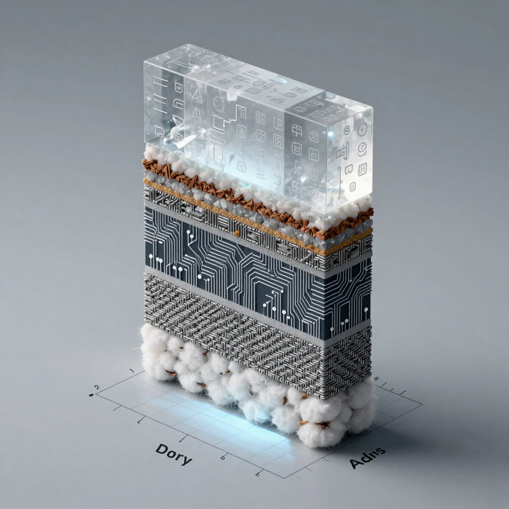 clean data visualization, flat 2D chart, muted academic palette, no 3D effects, evidence-based presentation, professional infographic, minimal decoration, clear axis labels, scholarly aesthetic, a vertical cross-section of a crystalline geological stratum, each distinct layer composed of tightly packed, precision-etched materials—raw cotton fibers at the base transitioning into woven metallic threads, then into micro-circuit lattices, and finally a top layer of translucent quartz engraved with financial symbols and AI glyphs, lit from below by a cool, even glow that casts sharp, grid-like shadows on a flat plane beneath, the entire formation standing upright on a minimalist grid background with faint axis lines and calibrated increments, the atmosphere clinical and still, like a specimen of economic evolution under examination [Z-Image Turbo]