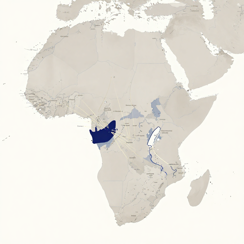 flat color political map, clean cartographic style, muted earth tones, no 3D effects, geographic clarity, professional map illustration, minimal ornamentation, clear typography, restrained color coding, flat 2D political map of Africa, clean vector lines with subtle blue-gray country boundaries, South Africa highlighted in deep indigo with radiating data pathways shown as thin luminous gold lines extending toward neighboring regions, soft annotation labels marking proposed supercomputing hubs and data sovereignty zones, overhead perspective with even diffused lighting, calm but precise atmosphere [Z-Image Turbo]