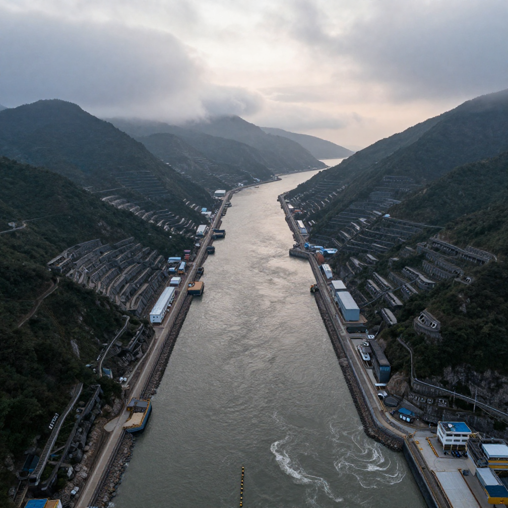 industrial scale photography, clean documentary style, infrastructure photography, muted industrial palette, systematic perspective, elevated vantage point, engineering photography, operational facilities, a narrow strait of churning gray water flanked by steep, forested mountain ridges that rise like stone ribs from the sea, their slopes etched with terraced fortifications and hidden bunkers, morning fog clinging to the peaks as storm clouds gather above, the water below streaked with tidal currents and the faint, submerged outlines of anti-invasion barriers, lit by the cold, slanting light of dawn [Z-Image Turbo]