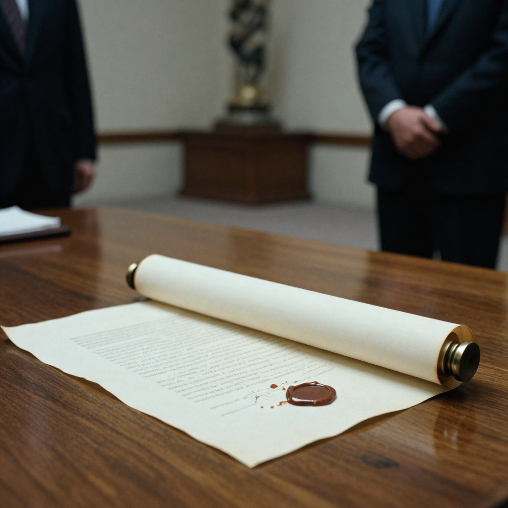 muted documentary photography, diplomatic setting, formal atmosphere, institutional gravitas, desaturated color palette, press photography style, 35mm film grain, natural lighting, professional photojournalism, a single unsealed treaty scroll, parchment cracked at the edges, wax seal half-melted as if dropped, resting on a polished teak table under cold northward lighting, atmosphere of suspended consequence in a silent, cavernous hall [Z-Image Turbo]