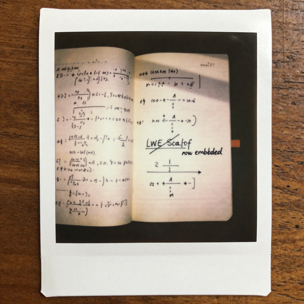 instant Polaroid photograph, vintage 1970s aesthetic, faded colors, white border frame, slightly overexposed, nostalgic lo-fi quality, amateur snapshot, An open notebook on a worn wooden table, pages yellowing at the edges, filled with dense, smudged equations in pencil that gradually dissolve into clean, confident ink diagrams near the bottom of the page; late afternoon light from a nearby window casts a soft diagonal glow across the paper, illuminating a single crossed-out derivation titled "LWE Scaffold" with the words "now embedded" written beside it in the margin; the air is still, dust suspended like forgotten assumptions. [Z-Image Turbo]