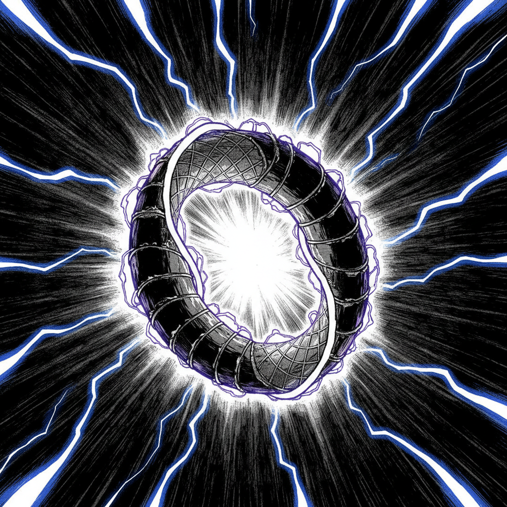black and white manga panel, dramatic speed lines, Akira aesthetic, bold ink work, A glowing carbon ring twisted into a half-Möbius loop, its surface a fusion of polished obsidian and conductive silver lattice, electrons spiraling like molten tracers along its warped edge, speed lines radiating outward in jagged arcs of electric blue, lit from within by a pulsing cold violet core, suspended in absolute blackness with stark directional contrast emphasizing its asymmetrical twist and unstable symmetry [Nano Banana]