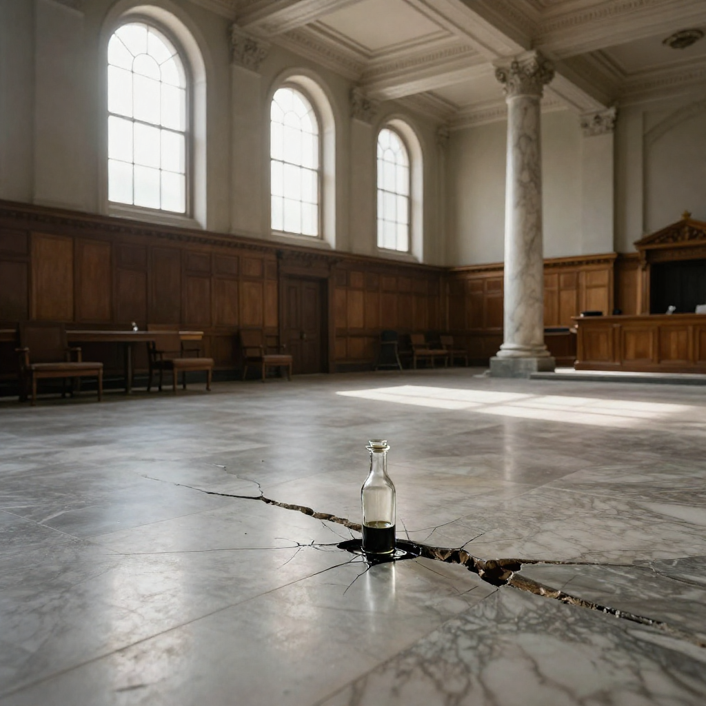 empty formal interior, natural lighting through tall windows, wood paneling, institutional architecture, sense of history and permanence, marble columns, high ceilings, formal furniture, muted palette, a cracked glass vial seeping dark, viscous fluid into a fissure in a vast, polished marble floor, sunlight streaming through tall, arched windows at a low angle, illuminating dust in the air and the veins of the stone, solemn and silent atmosphere in an abandoned legislative chamber [Z-Image Turbo]
