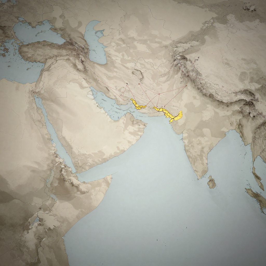 flat color political map, clean cartographic style, muted earth tones, no 3D effects, geographic clarity, professional map illustration, minimal ornamentation, clear typography, restrained color coding, flat 2D political map of the Indo-Pacific region, inked lines with slight smudging at borders, eastern Persian Gulf to Singapore shipping route highlighted in cracked gold, faint red annotation lines branching from Washington D.C. pointing toward disrupted nodes, dim ambient light from above casting soft shadows on paper texture, atmosphere of quiet unraveling [Z-Image Turbo]