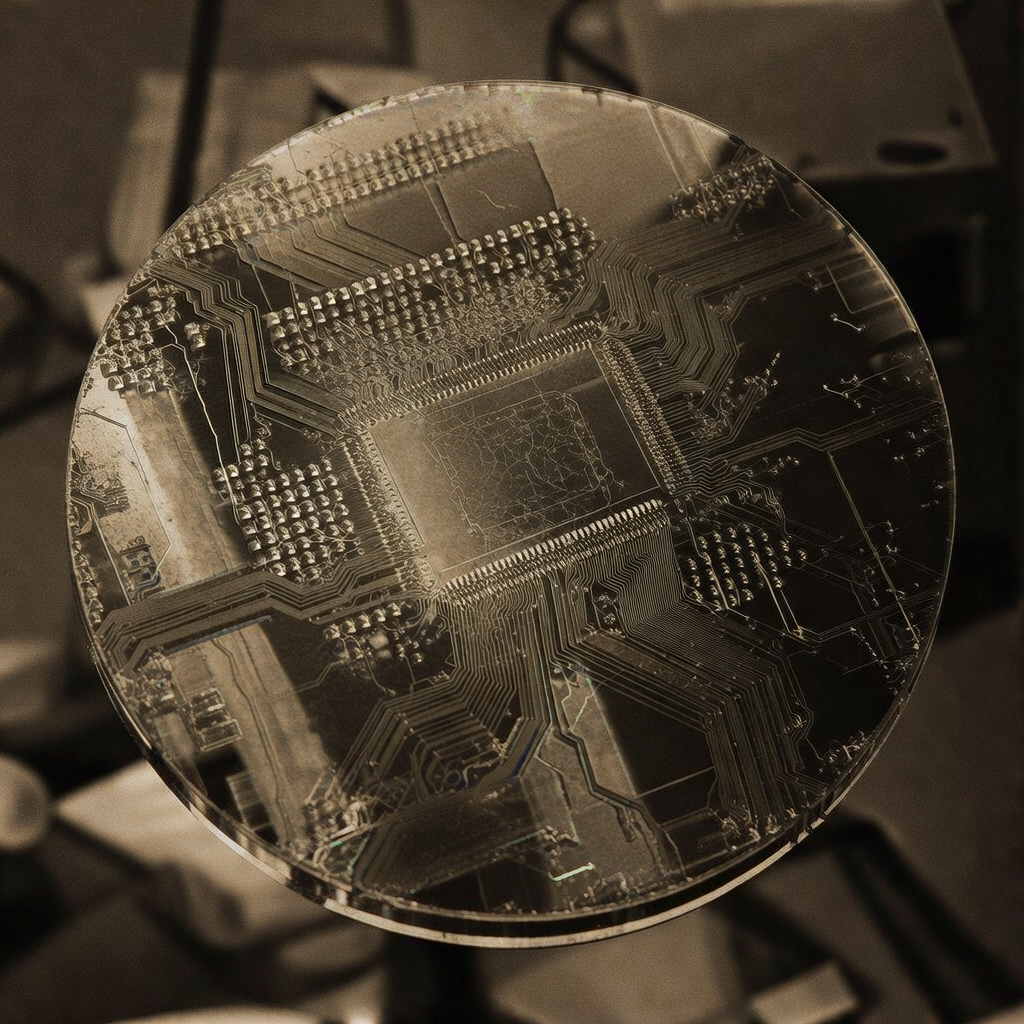 vintage Victorian newspaper photograph, sepia tone, aged paper texture, halftone dot printing, 1890s photojournalism, slight grain, archival quality, authentic period photography, A fused silicon-and-sapphire wafer-scale quantum package, its surface a delicate tracery of superconducting niobium circuits bridging hundreds of identical qubit sites like a frozen lightning storm, dramatic side lighting revealing microfractures healed by precision annealing and ghostly thermal gradients etched in iridescent oxide layers, the air still with the aftermath of extreme cryogenic stabilization [Bria Fibo]