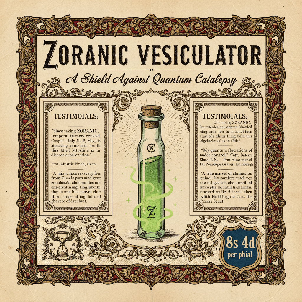 Victorian patent medicine advertisement, ornate decorative border with scrollwork and floral flourishes, bold Victorian serif typography headline reading "ZORANIC VESICULATOR", subtitle "A Shield Against Quantum Catalepsy" in elegant script beneath, central illustration of a glass medicine phial with glowing green liquid and radiant energy lines, aged sepia paper texture with halftone dot printing effect, flanking decorative panels containing testimonial claims in period-appropriate language, price "8s 4d per phial" displayed in a ribbon-tied cartouche at lower right, Victorian commercial design elements including acanthus leaves and scroll motifs, 1890s advertising aesthetic [Nano Banana]