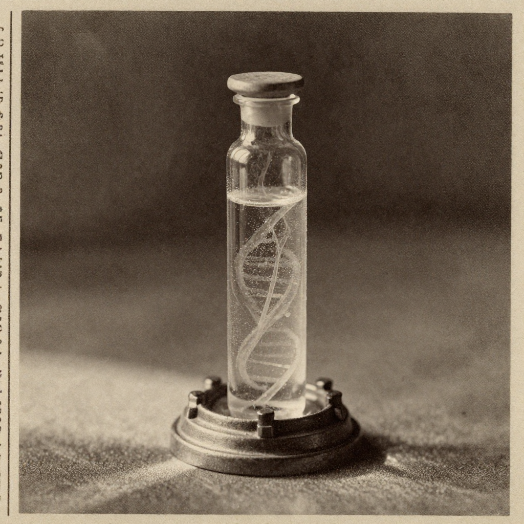 vintage Victorian newspaper photograph, sepia tone, aged paper texture, halftone dot printing, 1890s photojournalism, slight grain, archival quality, authentic period photography, a sealed quartz vial filled with translucent synthetic DNA solution, faint particulate strands suspended like frozen smoke, standing upright in a chilled metal cradle, side-lit from below with a narrow beam casting long, trembling shadows, atmosphere of sterile stillness broken only by the soft glow of condensation on cold glass [Z-Image Turbo]