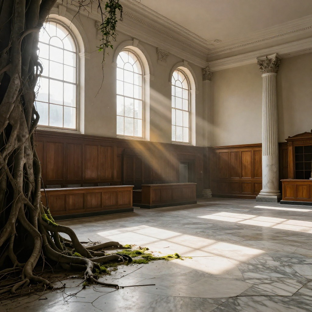 empty formal interior, natural lighting through tall windows, wood paneling, institutional architecture, sense of history and permanence, marble columns, high ceilings, formal furniture, muted palette, an abandoned legislative chamber, marble floor fractured by upward-growing banyan roots and creeping moss, sunlight streaming through tall, arched windows at a low diagonal, dust motes suspended in golden beams, atmosphere of quiet reclamation—nature gently dismantling the geometry of human authority [Z-Image Turbo]