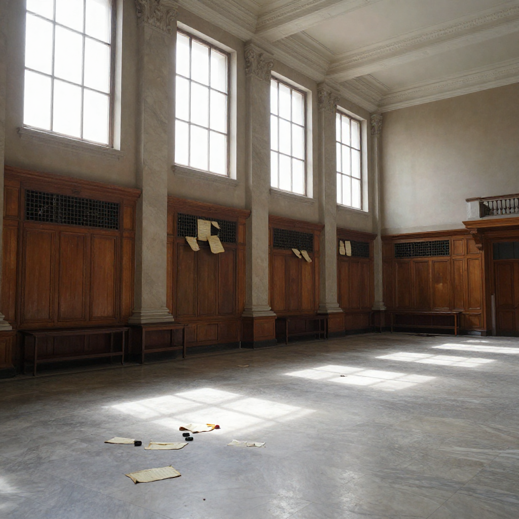 empty formal interior, natural lighting through tall windows, wood paneling, institutional architecture, sense of history and permanence, marble columns, high ceilings, formal furniture, muted palette, a vast, empty boardroom vault with crumbling parchment certificates spilling from iron grilles that melt into glowing air vents, cracked wax seals scattered across marble floors, natural light slicing through tall windows at a low diagonal, dust suspended in beams, atmosphere of quiet obsolescence and irreversible transition [Z-Image Turbo]