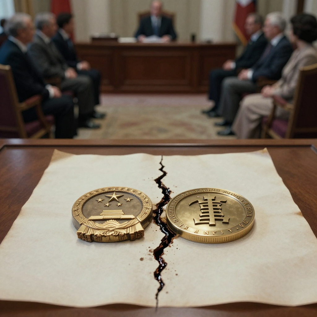 muted documentary photography, diplomatic setting, formal atmosphere, institutional gravitas, desaturated color palette, press photography style, 35mm film grain, natural lighting, professional photojournalism, a large ceremonial seal split down the center, one half carved with the emblem of state authority, the other with a capitalist insignia in polished brass, resting on aged parchment under side-lit chiaroscuro, the crack between halves filled with dark resin, in a silent chamber lined with draped velvet and empty chairs, atmosphere of unresolved consensus [Z-Image Turbo]