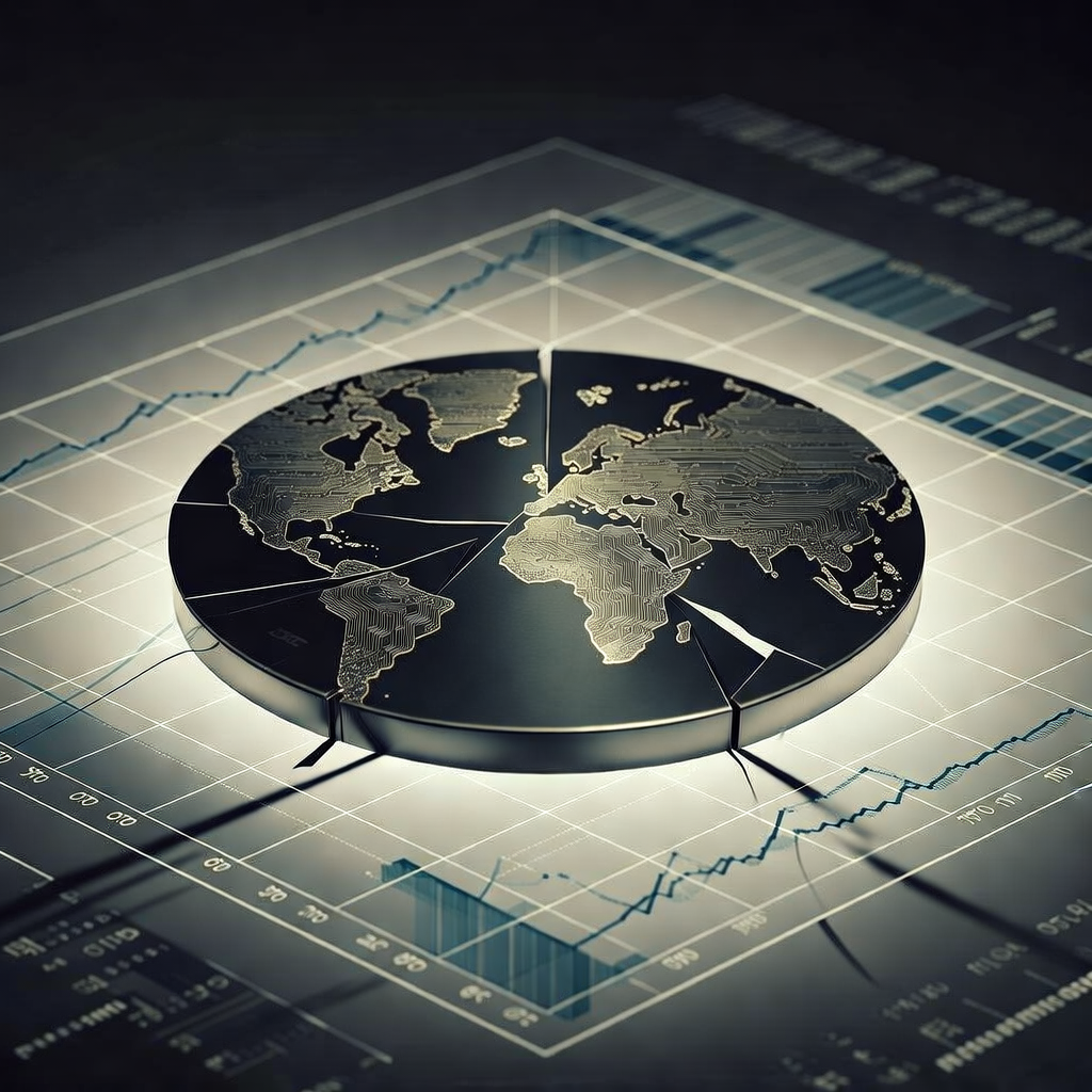 clean data visualization, flat 2D chart, muted academic palette, no 3D effects, evidence-based presentation, professional infographic, minimal decoration, clear axis labels, scholarly aesthetic, a cracked silicon wafer, smooth polished surface with fine metallic tracing resembling both integrated circuits and world map borders, lit from below with soft upward glow casting sharp linear shadows, resting on a translucent data grid showing trend lines and GDP projections in muted blue and gray tones, atmosphere of quiet gravity and structural tension [Bria Fibo]