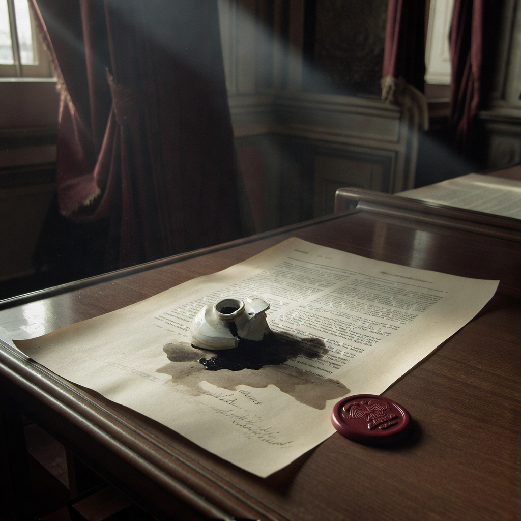 muted documentary photography, diplomatic setting, formal atmosphere, institutional gravitas, desaturated color palette, press photography style, 35mm film grain, natural lighting, professional photojournalism, A cracked porcelain inkwell spilled across a parchment copy of the Franck Report, its dark stain bleeding into the paper’s margins where signatures were never added, side-lit by low afternoon sun through heavy velvet drapes in a vacant government chamber, the air thick with dust and silence, an American seal embossed in wax beside it—untouched, unmoved [Bria Fibo]