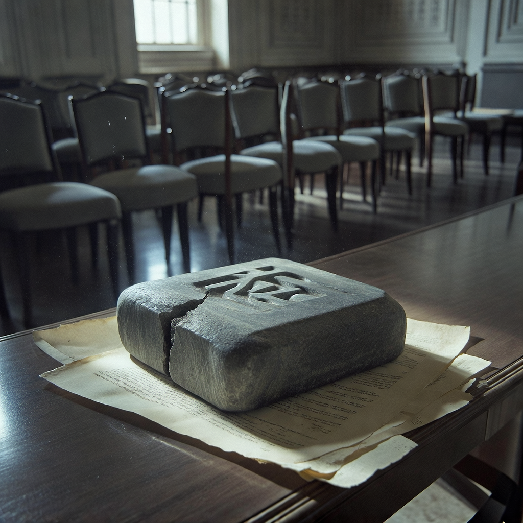 muted documentary photography, diplomatic setting, formal atmosphere, institutional gravitas, desaturated color palette, press photography style, 35mm film grain, natural lighting, professional photojournalism, a large stone ink seal cracked down one side, carved with the Chinese character '疆' (territory), resting on a yellowed draft communiqué, side-lit from a high window casting a narrow beam across the paper, dust suspended in the air, in a silent hall lined with empty ceremonial chairs [Bria Fibo]