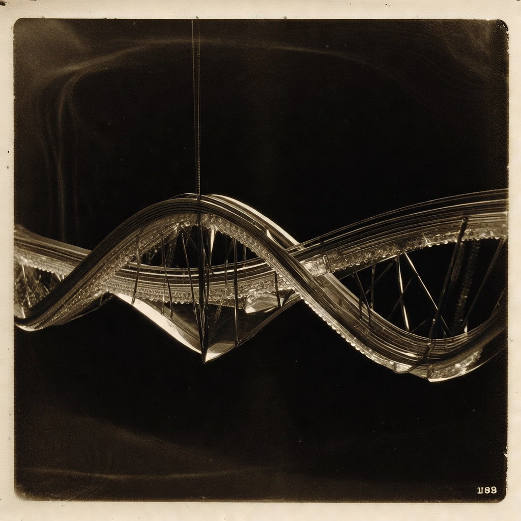 vintage Victorian newspaper photograph, sepia tone, aged paper texture, halftone dot printing, 1890s photojournalism, slight grain, archival quality, authentic period photography, a suspended topological wire bridge, composed of a thin ribbon of cleaved magnetic insulator encased in a translucent superconducting shell, fractured light refracting through its layered edges, illuminated by sharp side lighting that reveals alternating crystalline and metallic strata, set against a void-like backdrop with faint thermal ripples suggesting quantum stability at near-zero temperature [Bria Fibo]