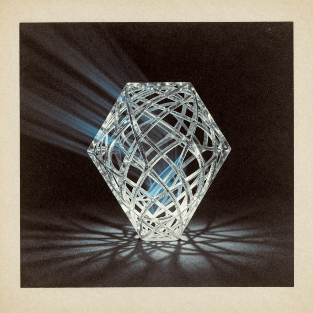 vintage Victorian newspaper photograph, sepia tone, aged paper texture, halftone dot printing, 1890s photojournalism, slight grain, archival quality, authentic period photography, A solitary lattice sculpture forged from quantum-locked crystal, its edges sharp and mathematically precise, interwoven with self-similar geometric filigree that glows faintly from within, lit by a single shaft of cold blue light from the side, casting long, razor-thin shadows across a void-black backdrop, the air around it shimmering with harmonic resonance, as if the silence itself has been crystallized into mathematical truth. [Z-Image Turbo]