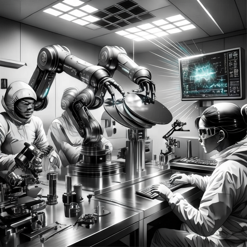 black and white manga panel, dramatic speed lines, Akira aesthetic, bold ink work, cleanroom environment with robotic arms manipulating silicon wafers under focused overhead lighting, quantum control interface glowing faintly on a nearby monitor, scattered calibration tools and microscopes on stainless steel benches, intense concentration in the air as engineers observe real-time data feeds, harsh directional lighting casting sharp shadows across the sterile workspace [bria/fibo/generate]