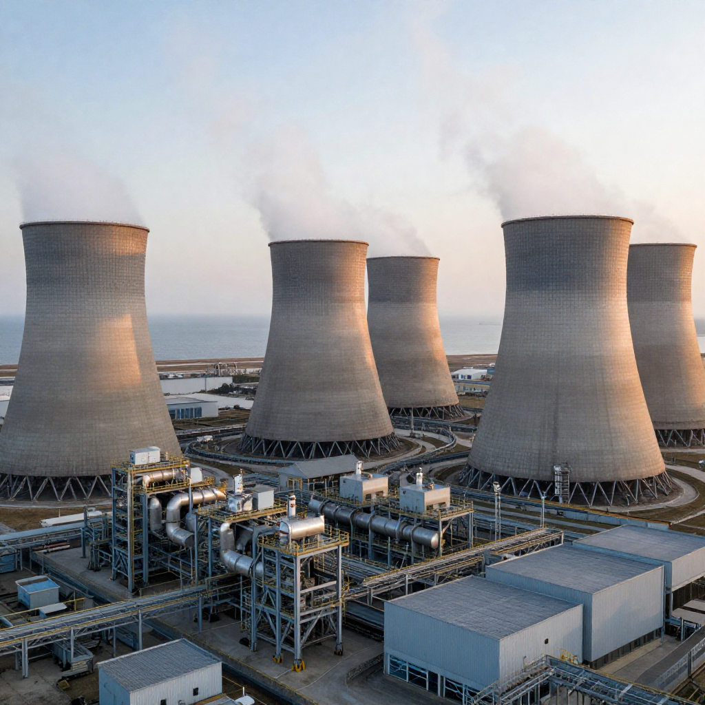 industrial scale photography, clean documentary style, infrastructure photography, muted industrial palette, systematic perspective, elevated vantage point, engineering photography, operational facilities, rows of industrial cooling towers at a coastal data center complex, weathered steel and concrete with steam leaking from overpressurized seams, backlit by cold dawn light from the horizon, atmosphere of quiet strain and imminent release [Z-Image Turbo]