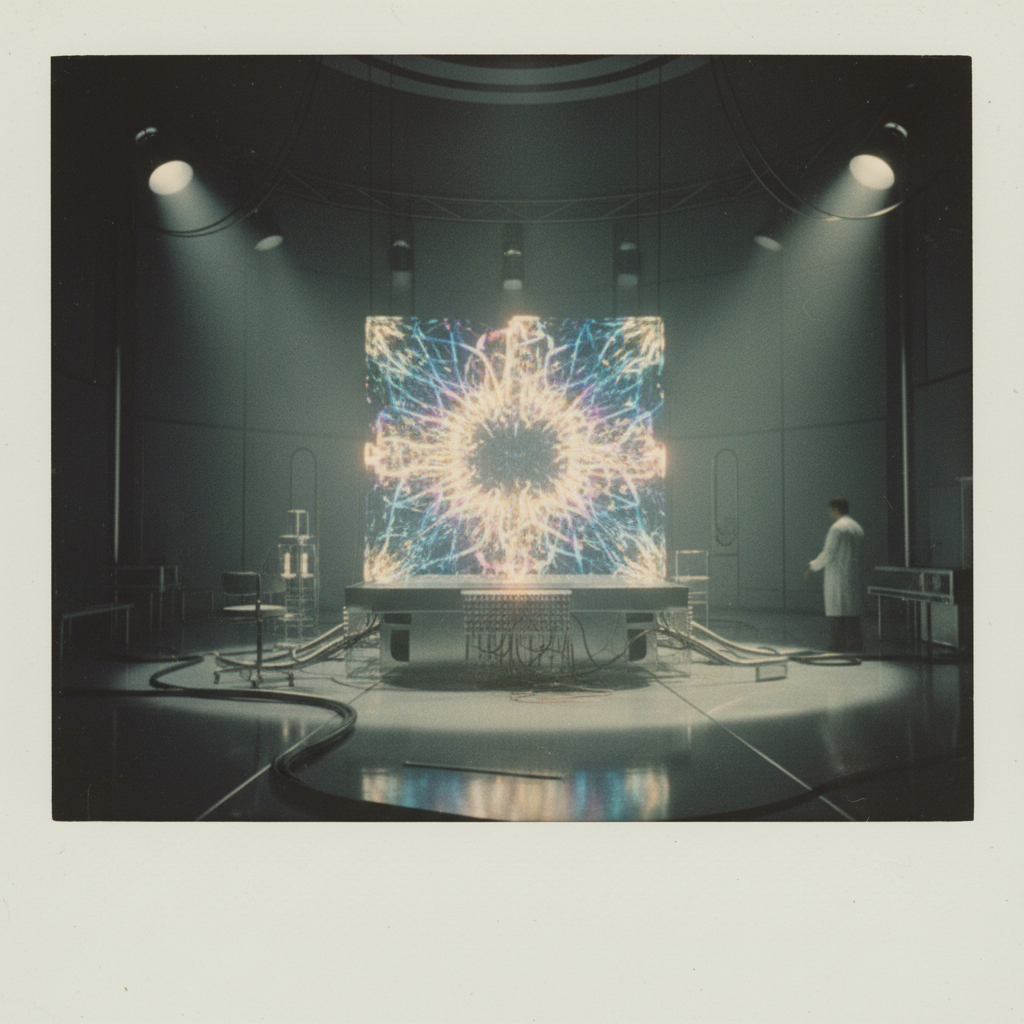 instant Polaroid photograph, vintage 1970s aesthetic, faded colors, white border frame, slightly overexposed, nostalgic lo-fi quality, amateur snapshot, massive holographic quantum processor core with intricate light patterns representing 200 entangled qubits, dramatic overhead lighting casting sharp shadows across a sterile lab environment, intense atmosphere of scientific discovery and computational power [fal-ai/nano-banana]
