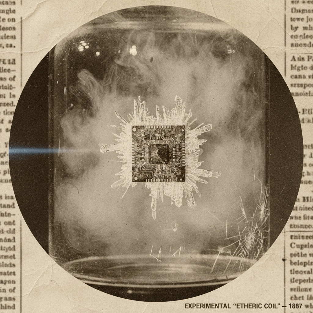 vintage Victorian newspaper photograph, sepia tone, aged paper texture, halftone dot printing, 1890s photojournalism, slight grain, archival quality, authentic period photography, A superconducting qubit chip, its niobium traces oxidized at the edges and encased in a fracture-patterned cryo-ice sheath, lit from the left by a narrow beam of cold blue light, suspended mid-air in a vacuum chamber fogged with condensing helium vapor, the silence broken only by faint thermal cracking [Nano Banana]