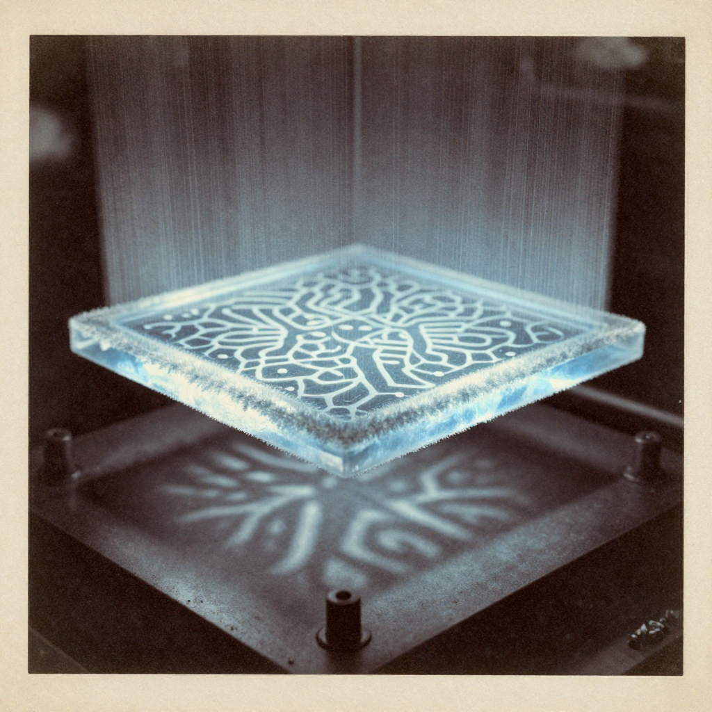 vintage Victorian newspaper photograph, sepia tone, aged paper texture, halftone dot printing, 1890s photojournalism, slight grain, archival quality, authentic period photography, A superconducting quantum die etched in fractal niobium traces, chilled to near absolute zero with frost crystallizing along its edges, illuminated by a sharp lateral glow of microwave-blue light, casting long, precise shadows across a dark vacuum chamber baseplate, the air above it shimmering faintly with thermal gradients—like a loom suspended in ice, holding a pattern one breath away from unraveling [Z-Image Turbo]