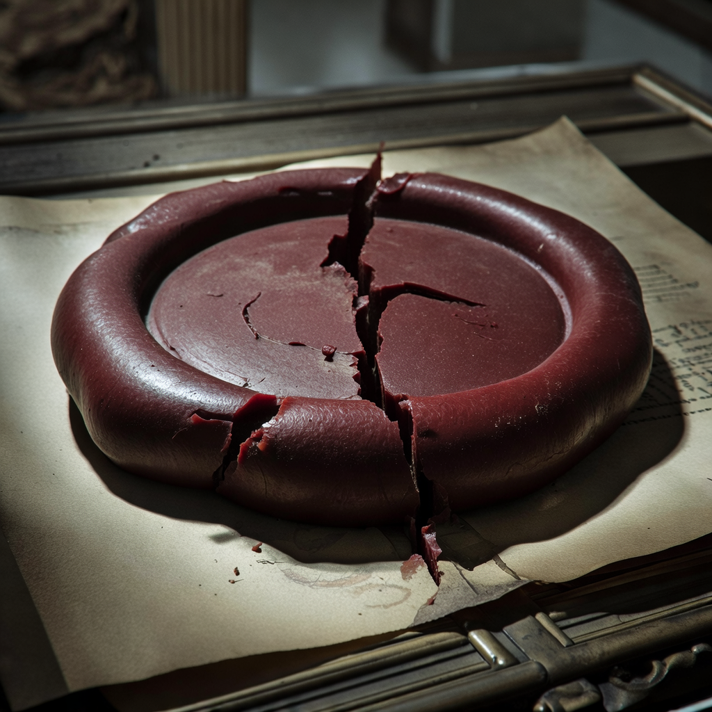 muted documentary photography, diplomatic setting, formal atmosphere, institutional gravitas, desaturated color palette, press photography style, 35mm film grain, natural lighting, professional photojournalism, a massive, aged wax seal cracked down the center, deep crimson wax brittle and flaking over gilded parchment, lit from the side by low-angle institutional light casting long shadows, atmosphere of hushed solemnity in a silent treaty hall [Bria Fibo]