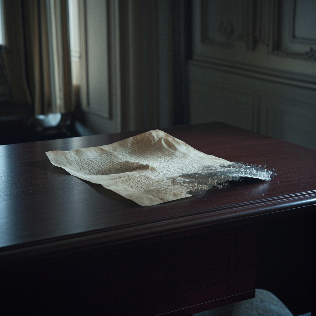 muted documentary photography, diplomatic setting, formal atmosphere, institutional gravitas, desaturated color palette, press photography style, 35mm film grain, natural lighting, professional photojournalism, a half-dissolved parchment treaty on a dark oak table, one edge crisping into digital static, ink fading into indecipherable glyphs, side-lit by a narrow beam from a high window, solemn atmosphere of irreversible concession [Bria Fibo]