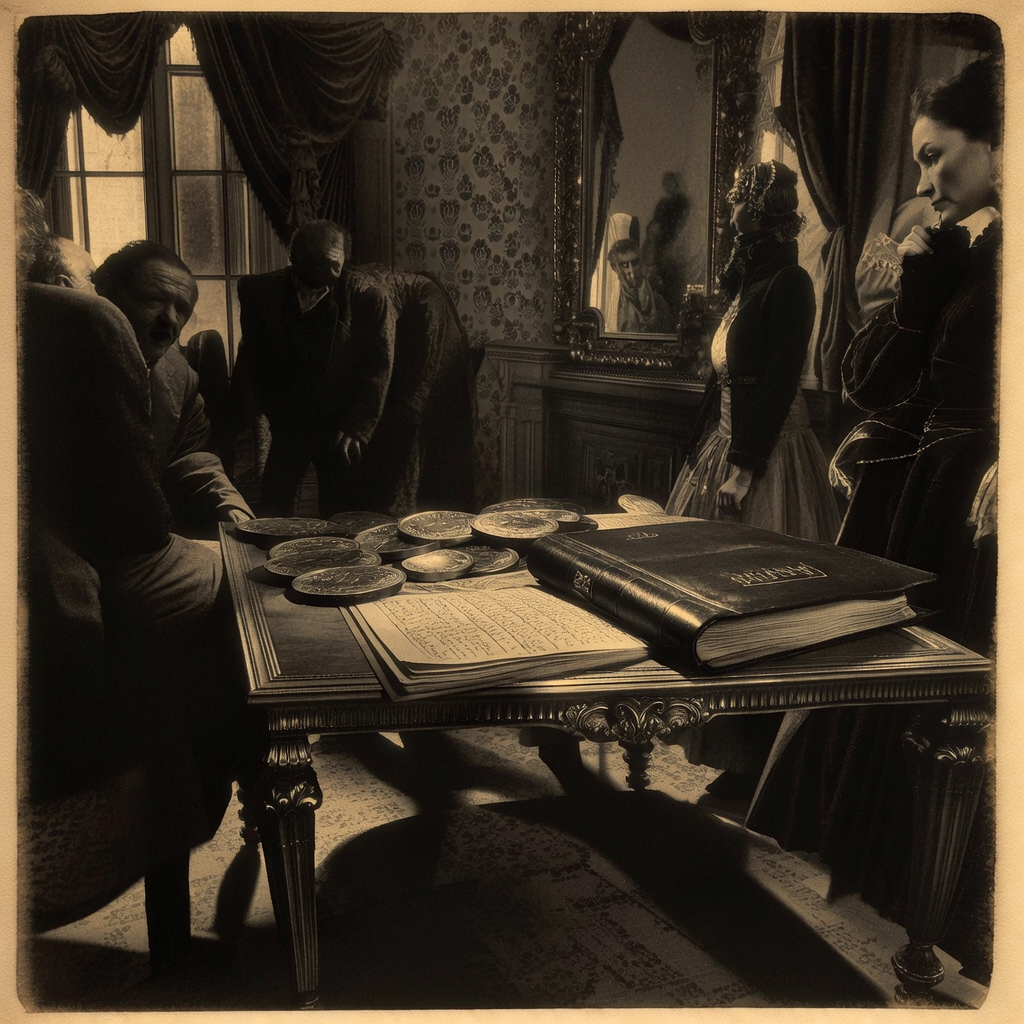 vintage Victorian newspaper photograph, sepia tone, aged paper texture, halftone dot printing, 1890s photojournalism, slight grain, archival quality, authentic period photography, An opulent Victorian-era salon with gilded mirrors and rich drapery, a scatter of oversized, glittering financial tokens and a single, massive ledger book on an ornate table, dramatic low-angle light from a hidden source casting long shadows across anxious, partially obscured figures, an atmosphere of hushed conspiracy and clandestine calculation. [bria/fibo/generate]