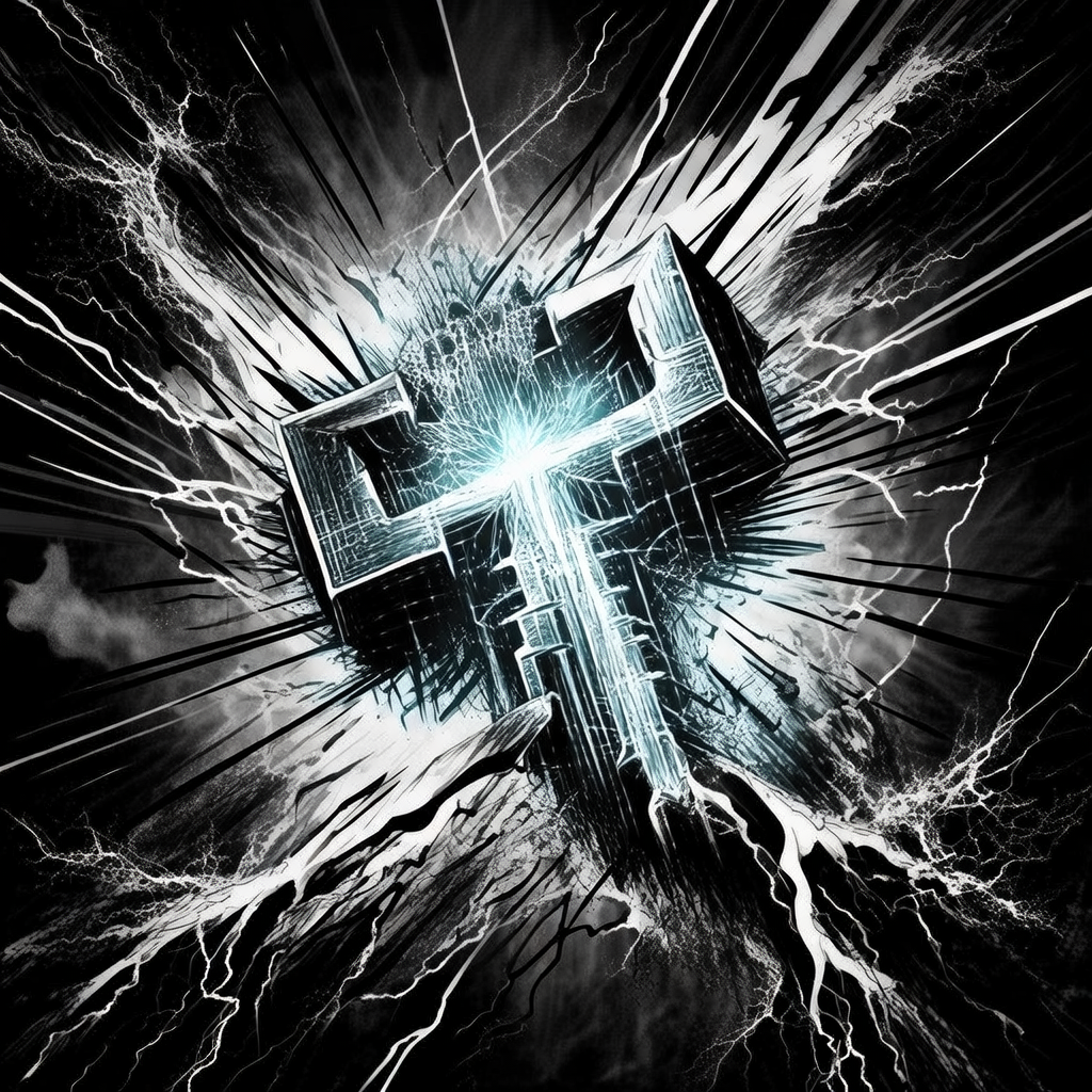 black and white manga panel, dramatic speed lines, Akira aesthetic, bold ink work, a frozen lightning pulse morphing into an intricate key-like structure forged from magnetic field lines and quantum phase gradients, jagged yet symmetrical, glowing with internal coherence, radiating speed lines like shockwaves, lit from within by cold blue-white energy, suspended in absolute darkness with trailing fractals dissolving into the void [Bria Fibo]