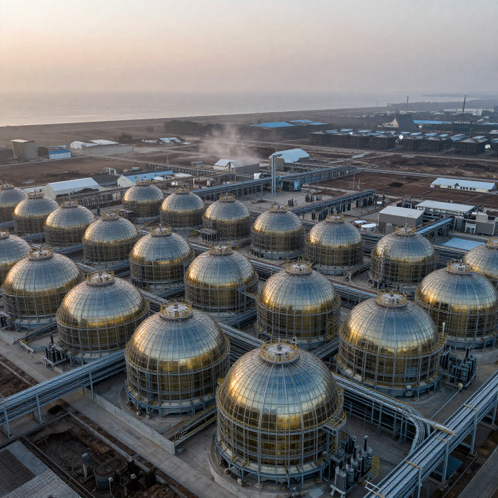 industrial scale photography, clean documentary style, infrastructure photography, muted industrial palette, systematic perspective, elevated vantage point, engineering photography, operational facilities, a grid of golden vaults, each sealed with reflective quartz glass and steel lattice, arranged in endless rows across a reclaimed coastal plain, backlit by the horizontal rays of dusk, the air thick with ionized mist from cooling conduits, silence broken only by the low hum of transformers [Z-Image Turbo]