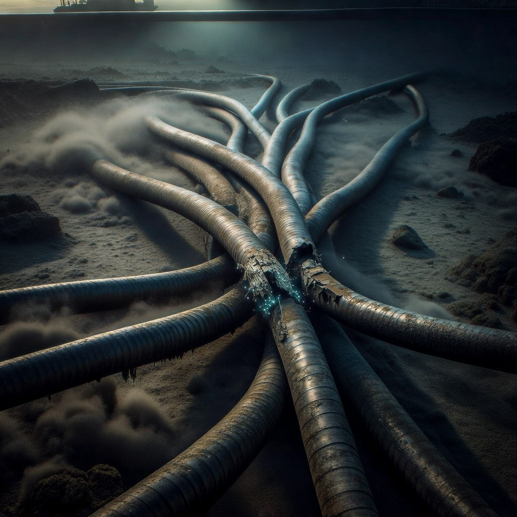industrial scale photography, clean documentary style, infrastructure photography, muted industrial palette, systematic perspective, elevated vantage point, engineering photography, operational facilities, A cluster of thick, armored undersea fiber-optic cables converging like veins across a desolate seabed at twilight, their outer sheathing frayed and corroded in one section where faint bioluminescent sparks flicker like failing synapses, illuminated from above by the dim, cold glow of a distant surface ship’s keel, surrounded by drifting sediment that blurs the boundary between connection and collapse. [Bria Fibo]