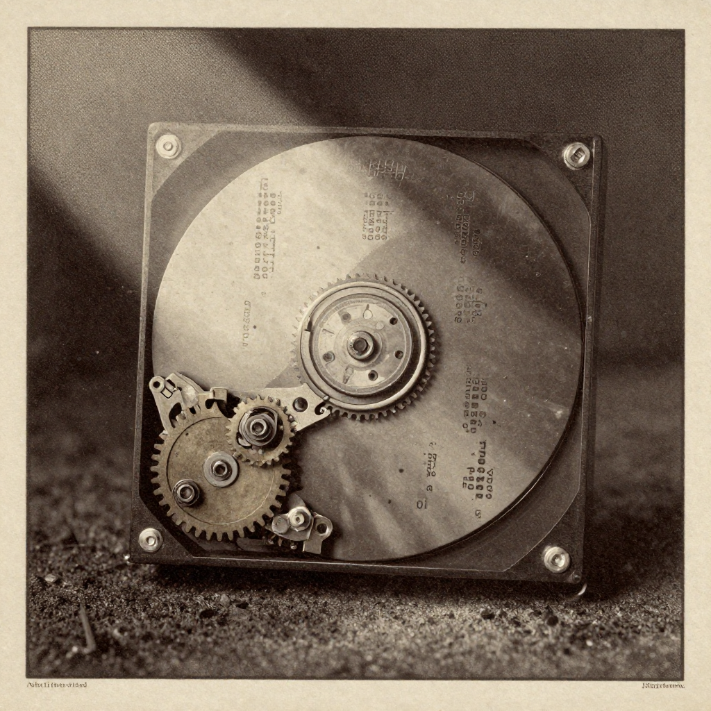 vintage Victorian newspaper photograph, sepia tone, aged paper texture, halftone dot printing, 1890s photojournalism, slight grain, archival quality, authentic period photography, A once-unified brass clockwork mechanism torn apart at its center, its gears replaced with warped magnetic hard drive platters etched with fragmented file paths, one half frozen in daylight, the other submerged in shadow and rust, illuminated by a sharp lateral beam slicing through dust in a silent vault, the air thick with suspended particles of eroded metadata [Z-Image Turbo]