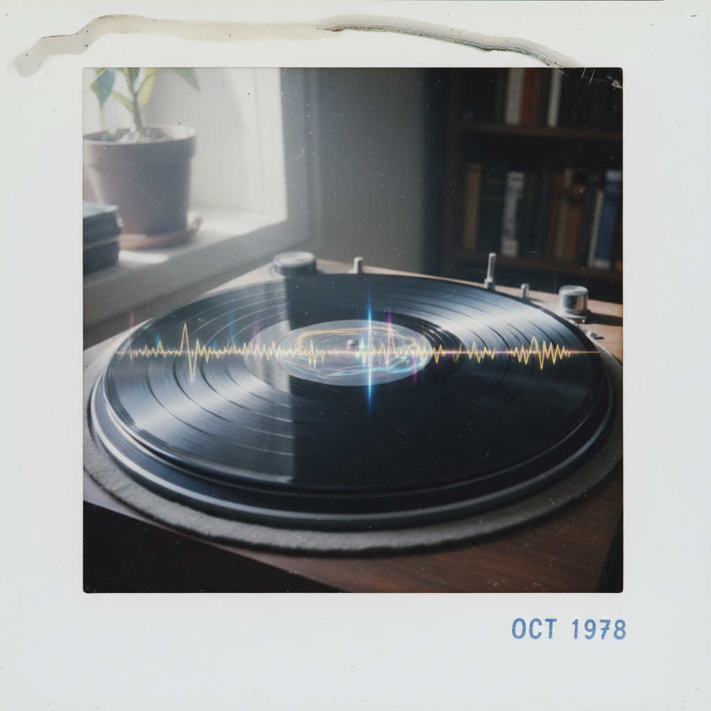 instant Polaroid photograph, vintage 1970s aesthetic, faded colors, white border frame, slightly overexposed, nostalgic lo-fi quality, amateur snapshot, a warped vinyl record with concentric grooves that subtly shift into electromagnetic waveforms near the center, made of translucent black polycarbonate with faint metallic ripple textures, lit from above-left by soft daylight through a nearby window, atmosphere of quiet revelation in a still room [Nano Banana]